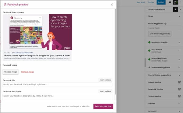adding social image in facebook preview Yoast SEO Premium
