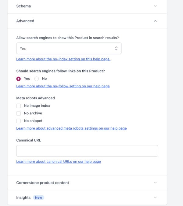 the advanced tab in Yoast SEO for Shopify has options for indexing content