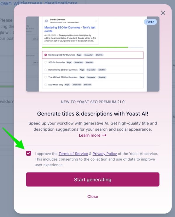 Screenshot of the intro screen for the AI feature in Yoast SEO Premium