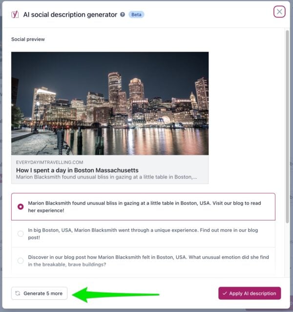 Screenshot of the AI social description generator with an arrow pointing to the Generate 5 more button