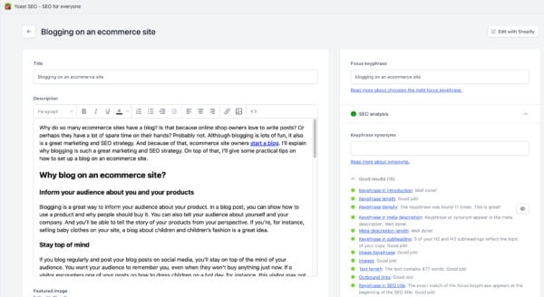 yoast seo editor in shopify with all-green scores for a post 