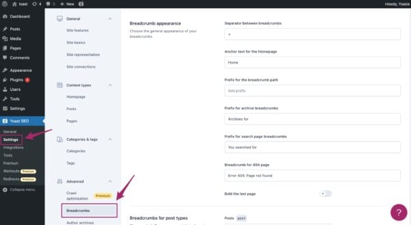 Screenshot of the Breadcrumbs menu item in the Yoast SEO settings.