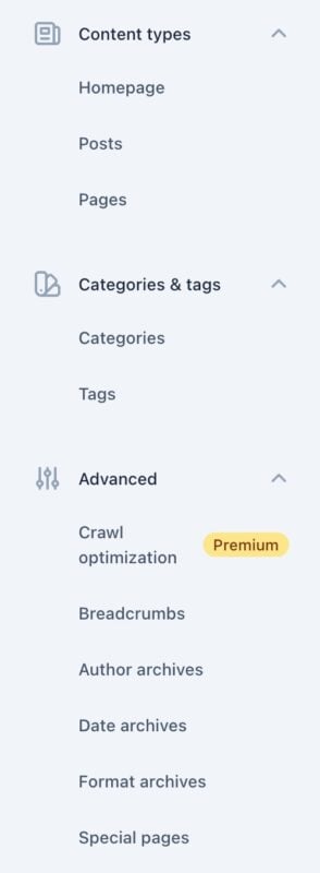 Screenshot of the Yoast SEO settings menu, showing the headings Content types, Categories & tags, and Advanced.