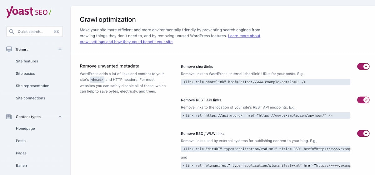 screenshot of crawl optimization settings in Yoast SEO