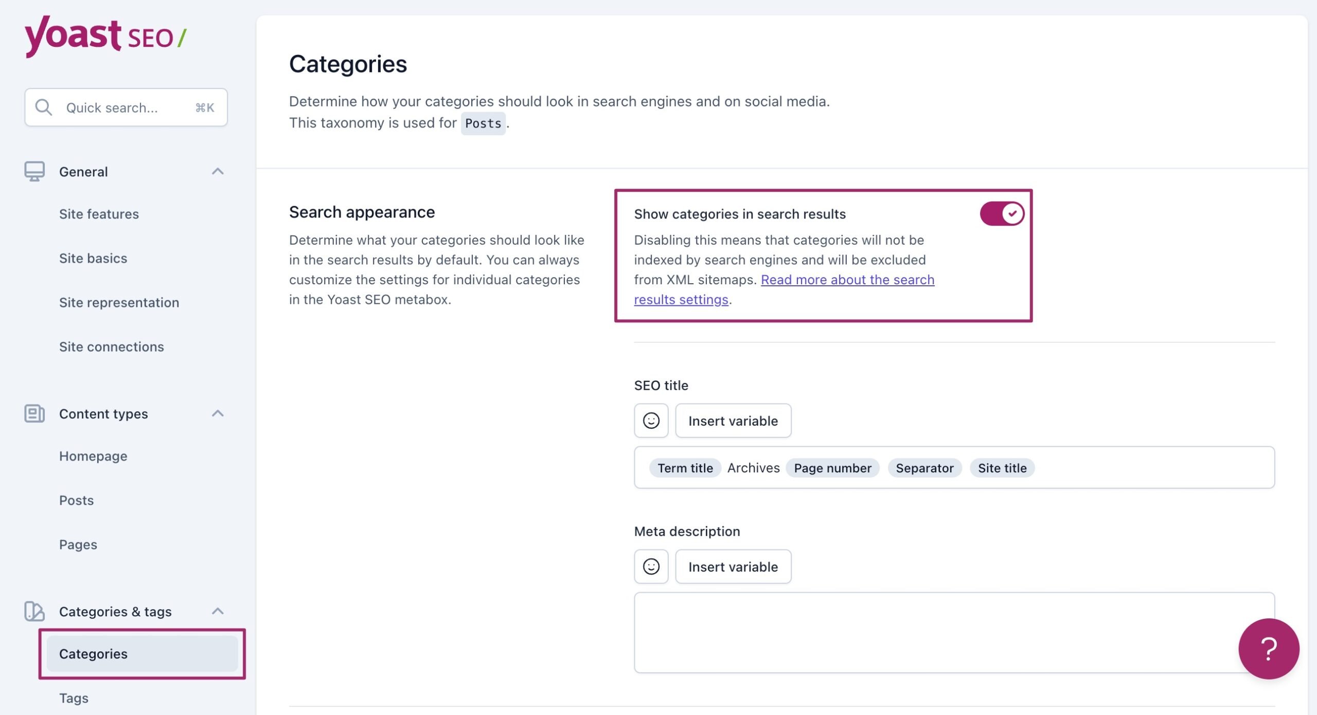 Screenshot of the "Show categories in search results" toggle in the Yoast SEO settings