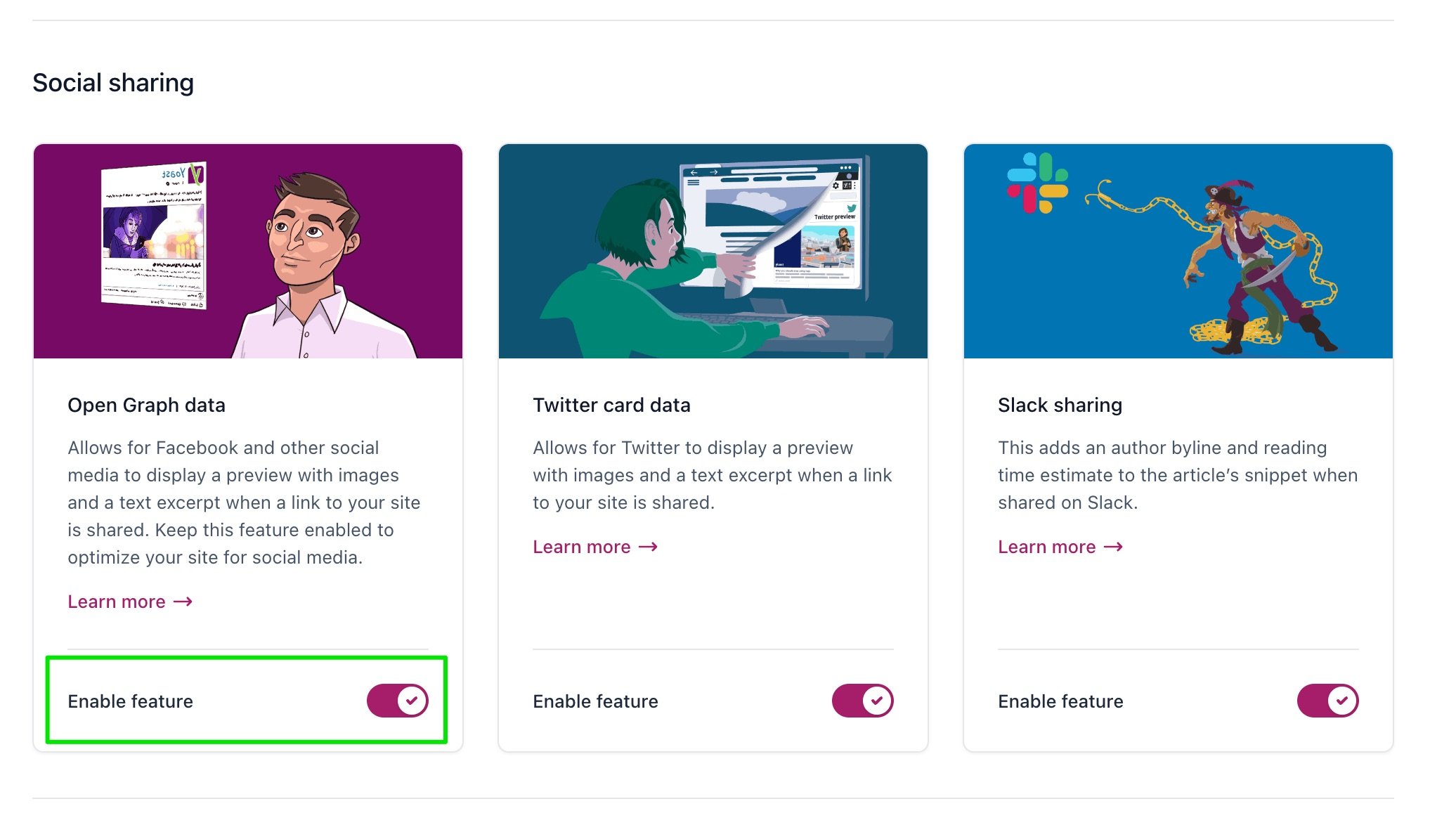 Screenshot of the social sharing settings in Yoast SEO, highlighting the toggle to enable Open Graph metadata.