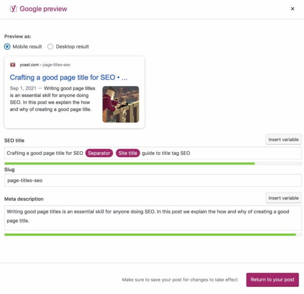 Google preview in Yoast SEO