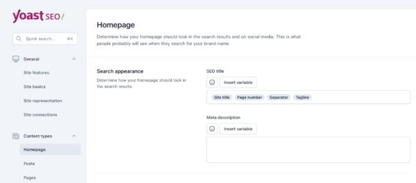 Screenshot of the Homepage settings in Yoast SEO.
