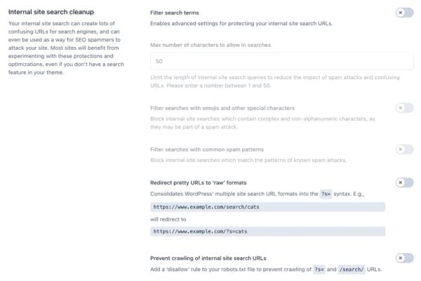 screenshot of the "Internal site search cleanup" section in the Yoast SEO crawl optimization settings