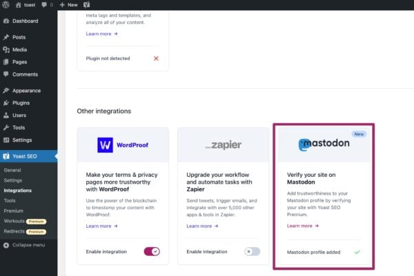 Screenshot of the Mastodon integrations box in Yoast SEO showing that your Mastodon profile has been added.