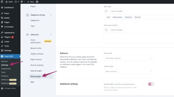 Screenshot of the Media pages menu item in the Yoast SEO settings. 