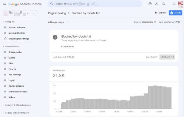 the page indexing dashboard in google search console showing the number of page blocked by robots.ts