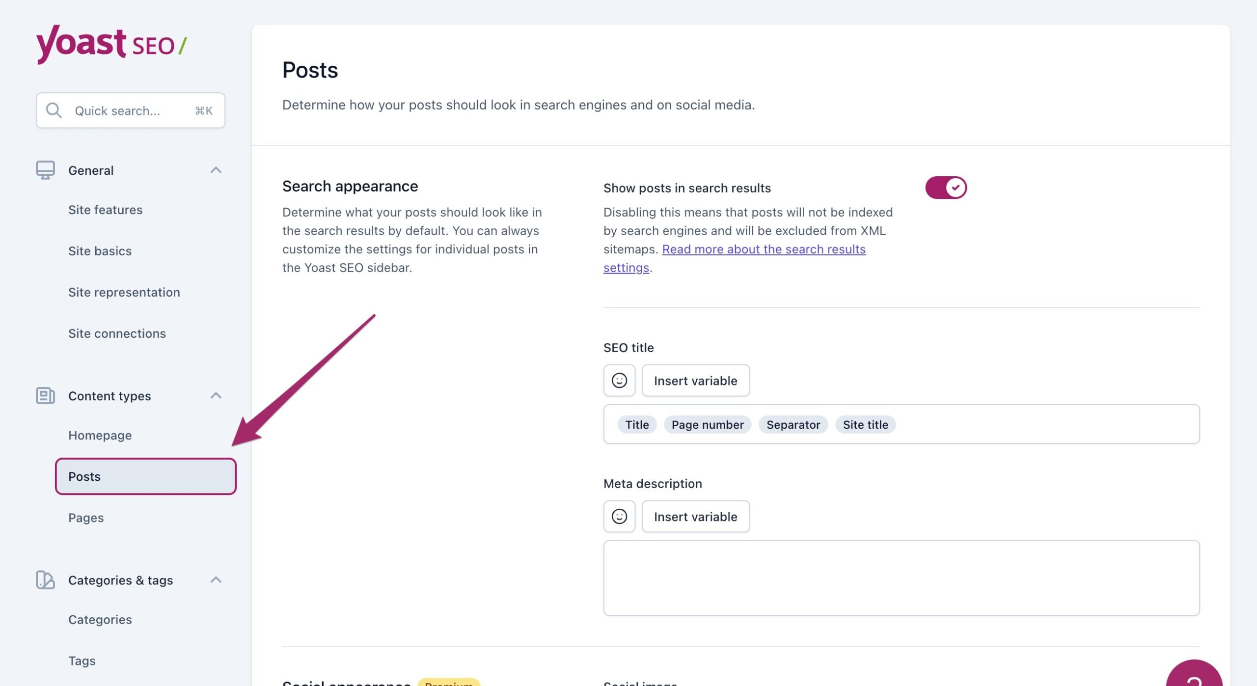 Screenshot of the "Posts" menu item in the Yoast SEO settings.