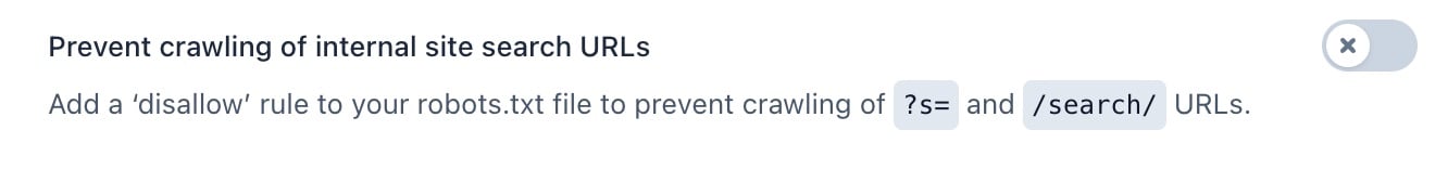 screenshot of the "Prevent crawling of internal site search URLs" toggle in the crawl optimization settings in Yoast SEO