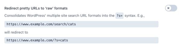 screenshot of the "Redirect pretty URLs to 'raw' format" toggle in the crawl optimization settings in Yoast SEO