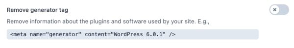 screenshot of the "Remove generator tag" toggle in the crawl optimization settings in Yoast SEO