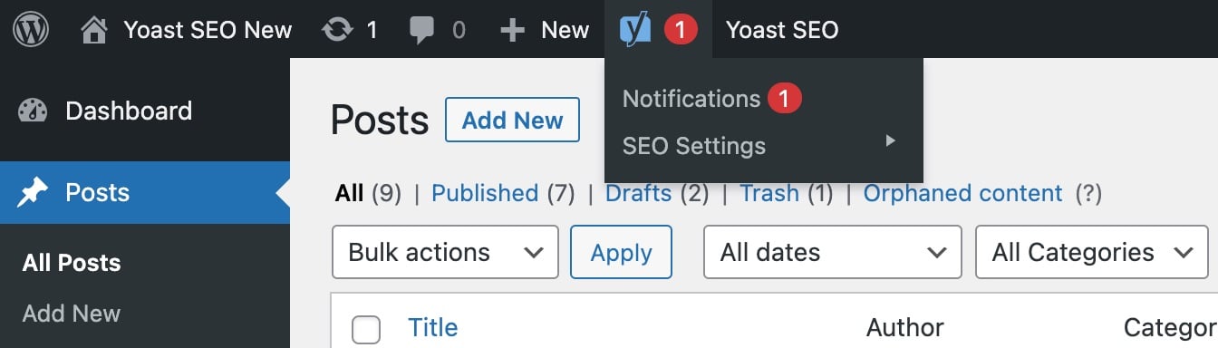 Screenshot showing the Yoast SEO admin bar menu in the backend of your site