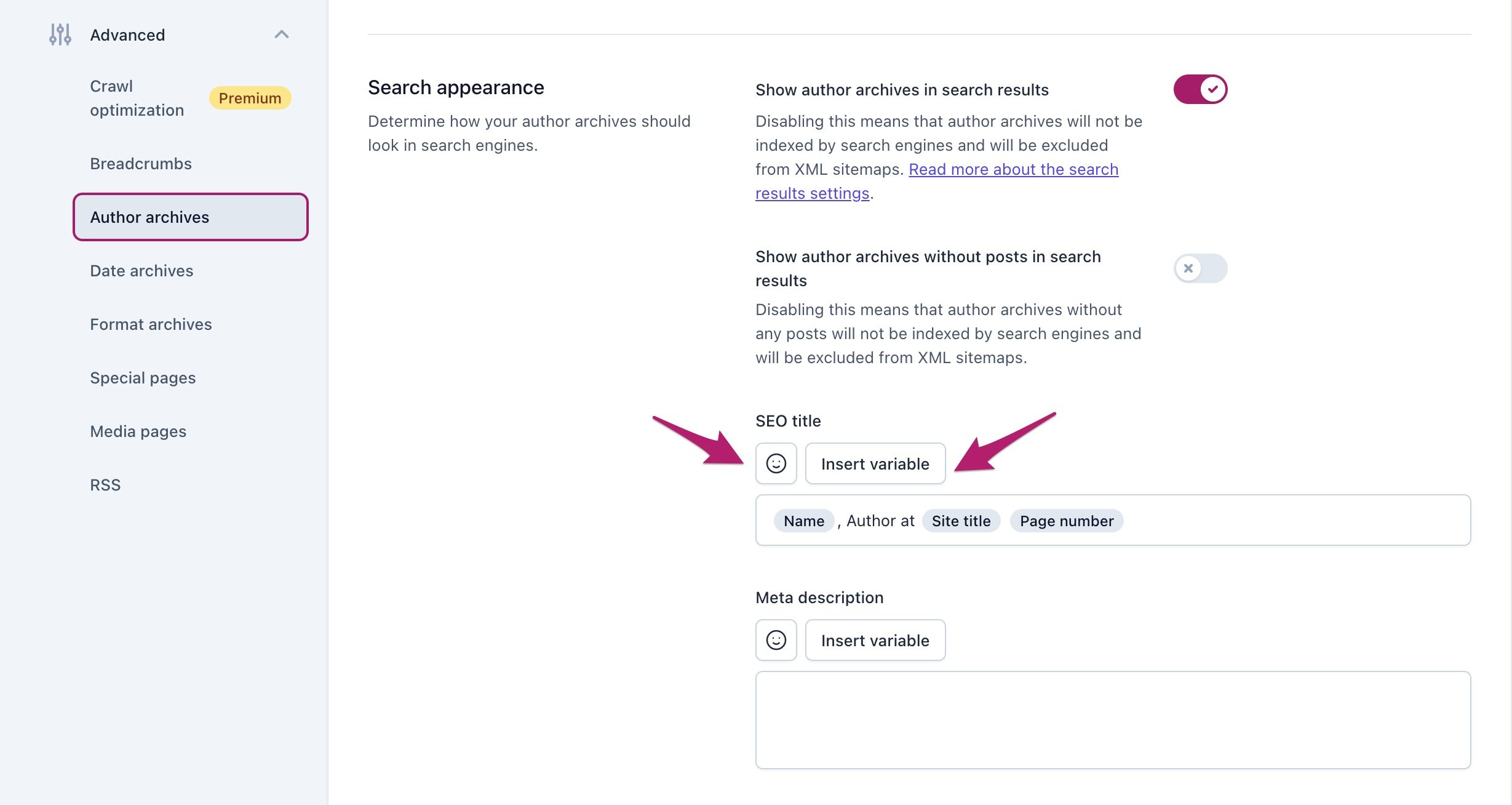 Screenshot showing the search appearance settings for author archives in Yoast SEO. Arrows pointing to the buttons to add variables and emojis.