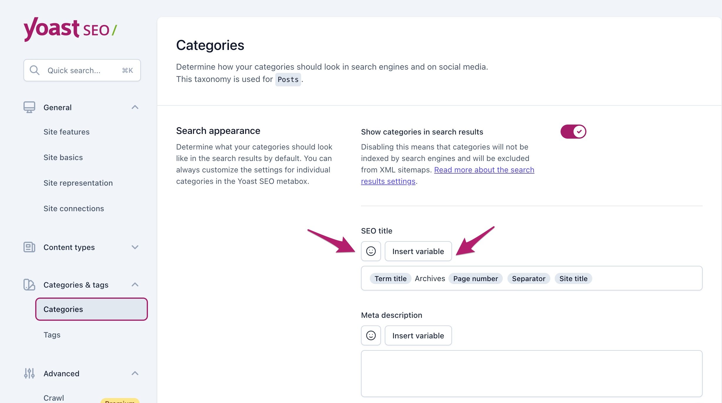 Screenshot showing the search appearance settings for categories. Arrows pointing to the buttons to insert variables and emojis