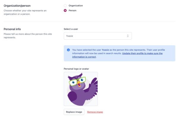 Screenshot of the Site representation settings in Yoast SEO when your site represents a person.