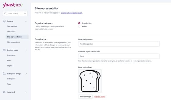 Screenshot of the Site representation settings in Yoast SEO. 