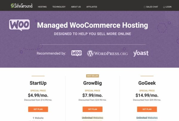 Screenshot of the WooCommerce plan on siteground.com