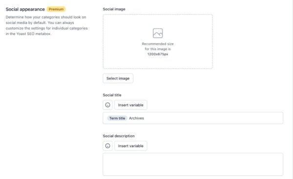 Screenshot of the "Social appearance" section in the Categories settings in Yoast SEO. 