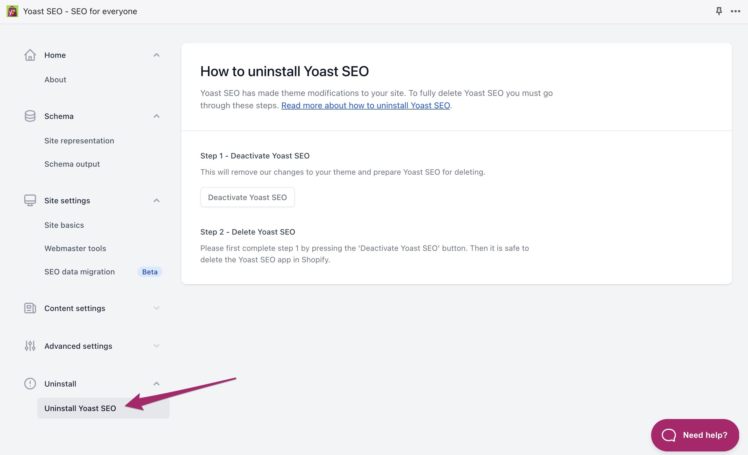 Screenshot of the Uninstall Yoast SEO settings screen in Shopify