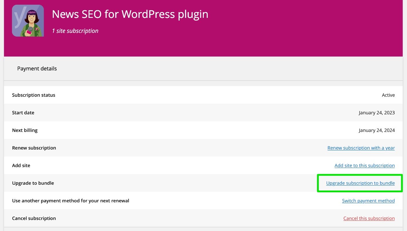 screenshot of the subscription screen in MyYoast, highlighting the 'Upgrade subscription to bundle' link