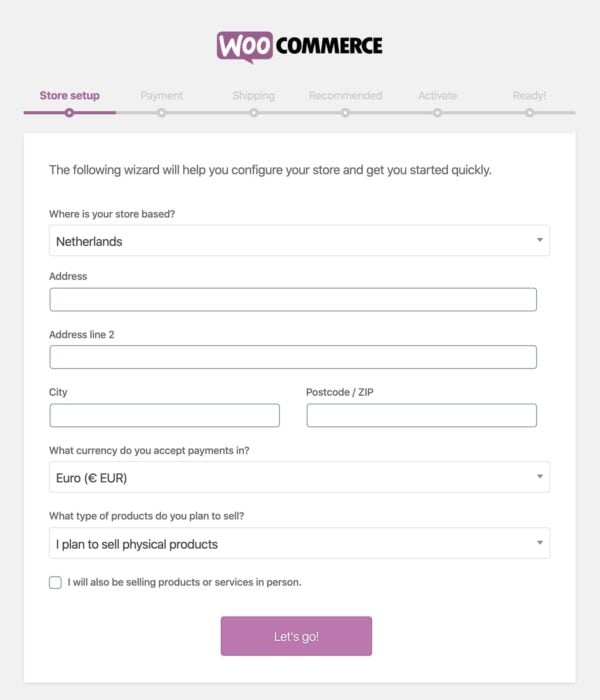 WooCommerce setup wizard