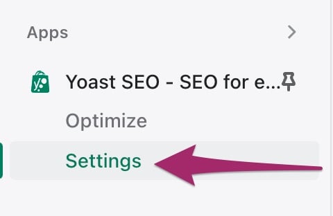 Screenshot of the Yoast SEO Settings menu item in Shopify