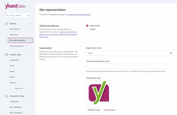 screenshot showing site representation in the Yoast SEO setttings