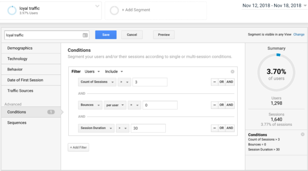 Building a loyal traffic segment in Google Analytics