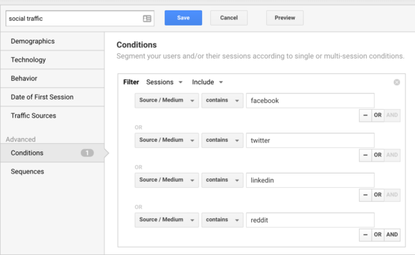 Building a social traffic segment in Google Analytics