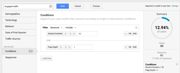 Building an engagement traffic segment in Google Analytics