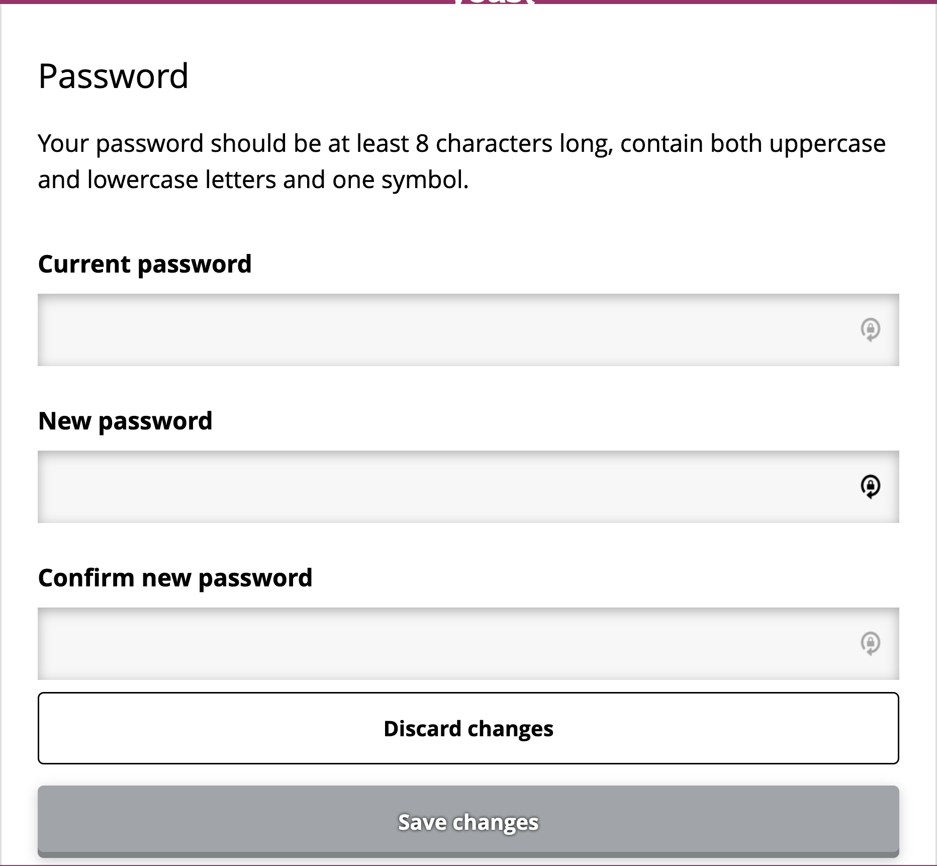 a screenshot of the change your password settings in the profile screen of myyoast