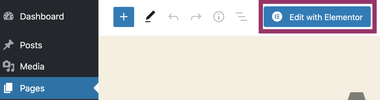 a screenshot of the Edit with Elementor button in the page editing screen