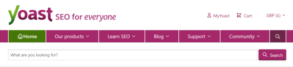The internal search interface in the main navigation on yoast.com