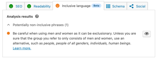example of a check in the inclusive language analysis in Yoast SEO