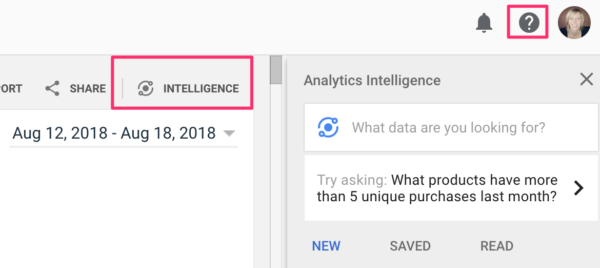 Intelligence and Help function in Google Analytics