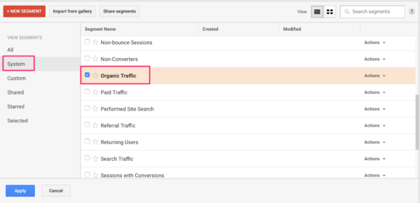 Organic traffic system segment in Google Analytics