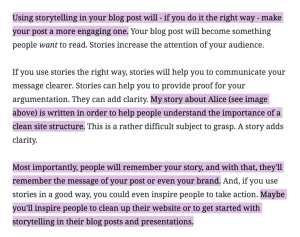 This screenshot shows that very long sentences are highlighted in the sentence length check of Yoast SEO