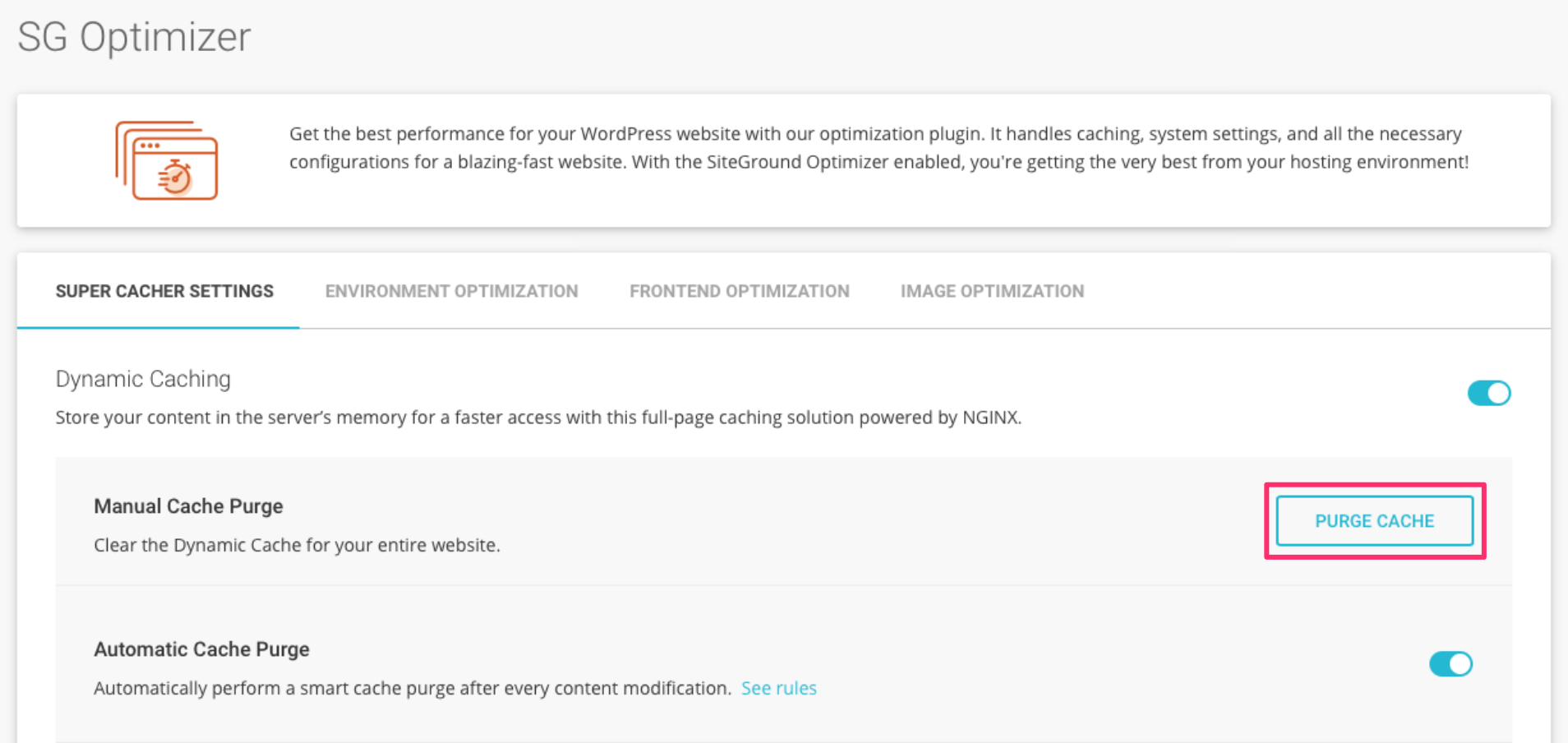 Clear cache SiteGround using SG Optimizer