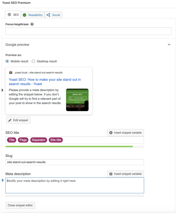 The edit snippet fields in the Yoast SEO meta box 