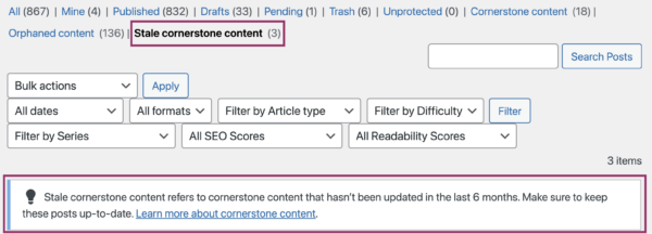 The stale cornerstone content filter in yoast seo