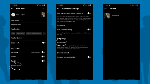 Screenshots of the instagram app and how to add alt text to your social media posts