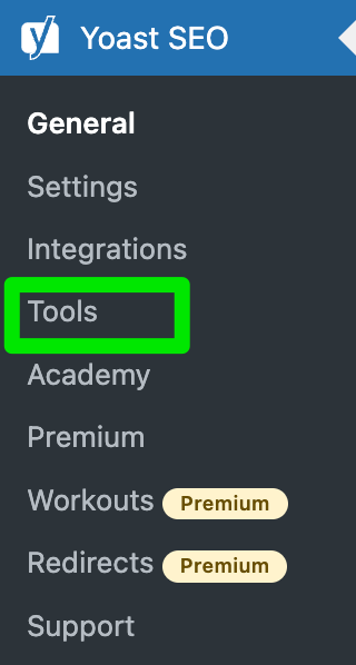 A screenshot of the Yoast SEO menu, with the Tools in a bright green box